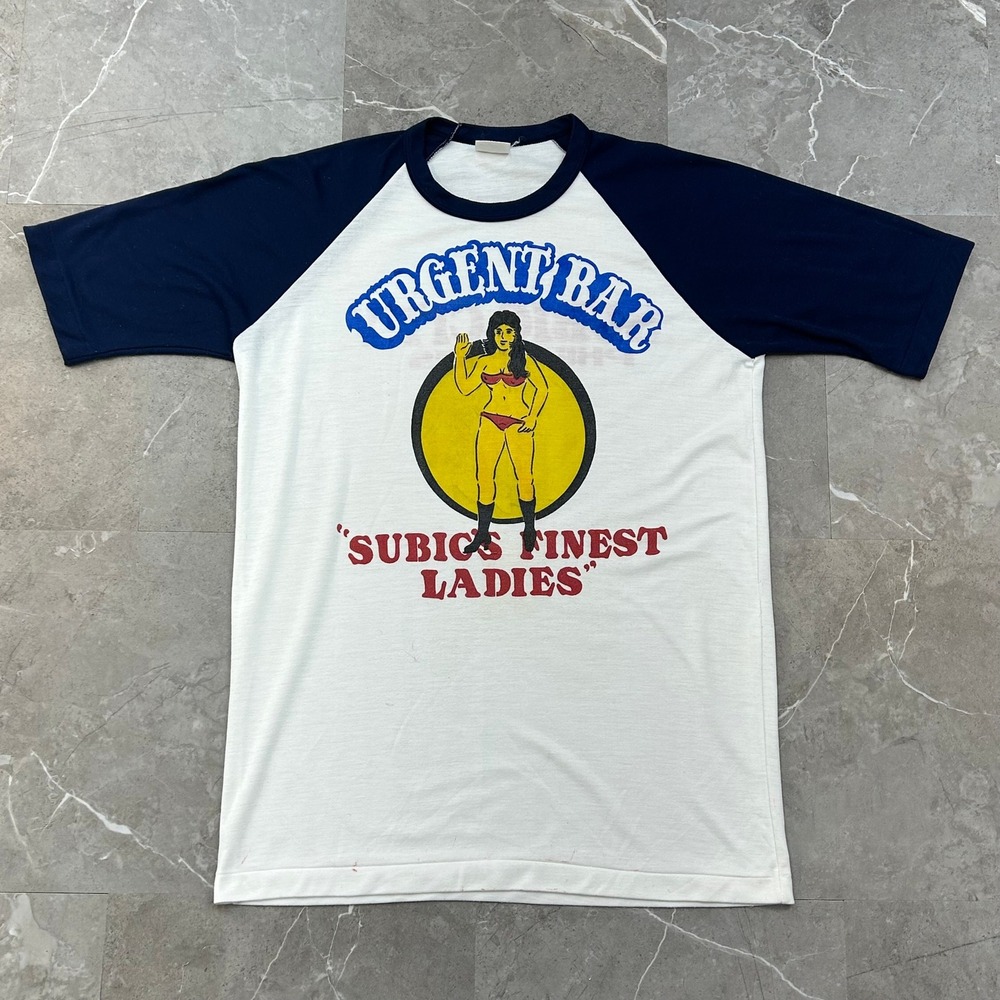 Vintage Urgent Bar Graphic Raglan Tee Mens Medium Subic City Philippines Pin Up